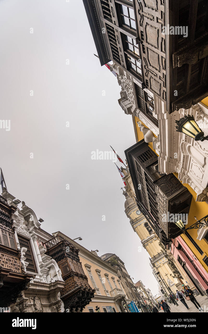 Street balconies near downtown Lima, Peru Stock Photo