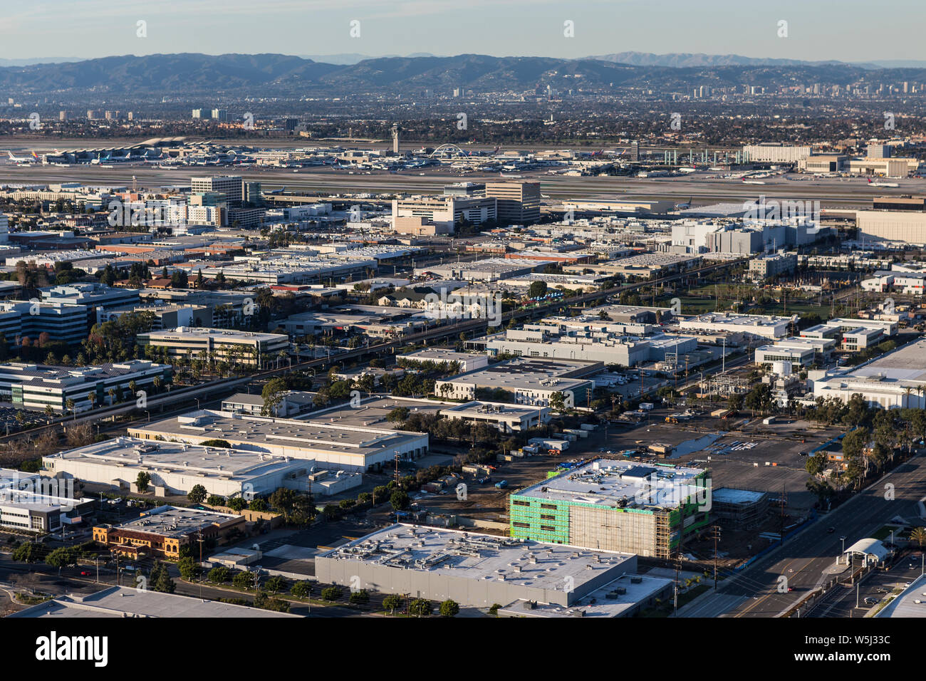 Los Angeles County, California, USA - December 17, 2016:  Aerial view of commercial and industrial buildings south of LAX airport in El Segundo, Cali Stock Photo