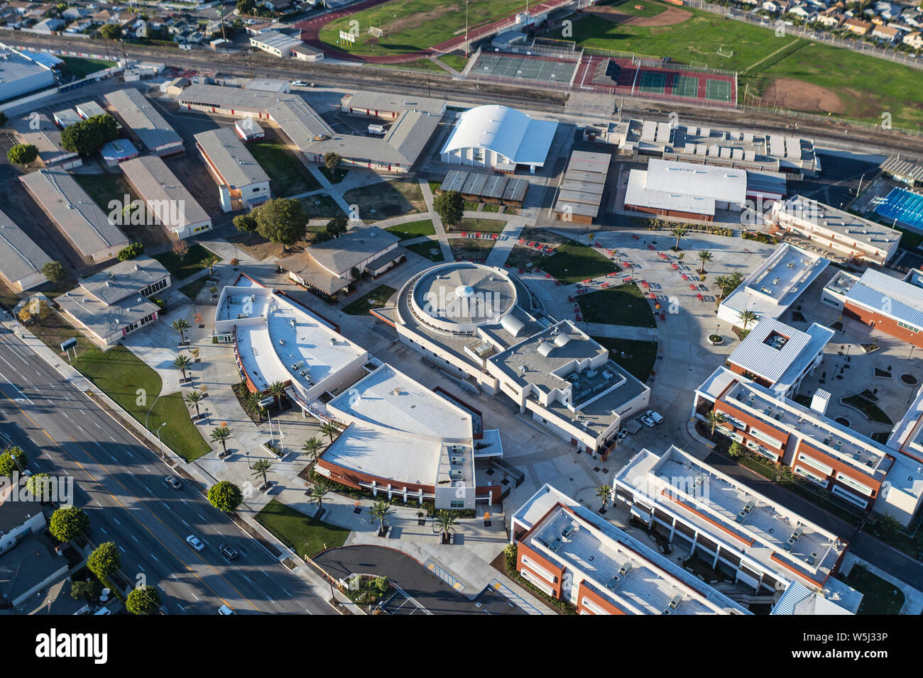 Hawthorne, California, USA - December 17, 2016:  Aerial view of the Hawthorne High School campus near Los Angeles, California. Stock Photo