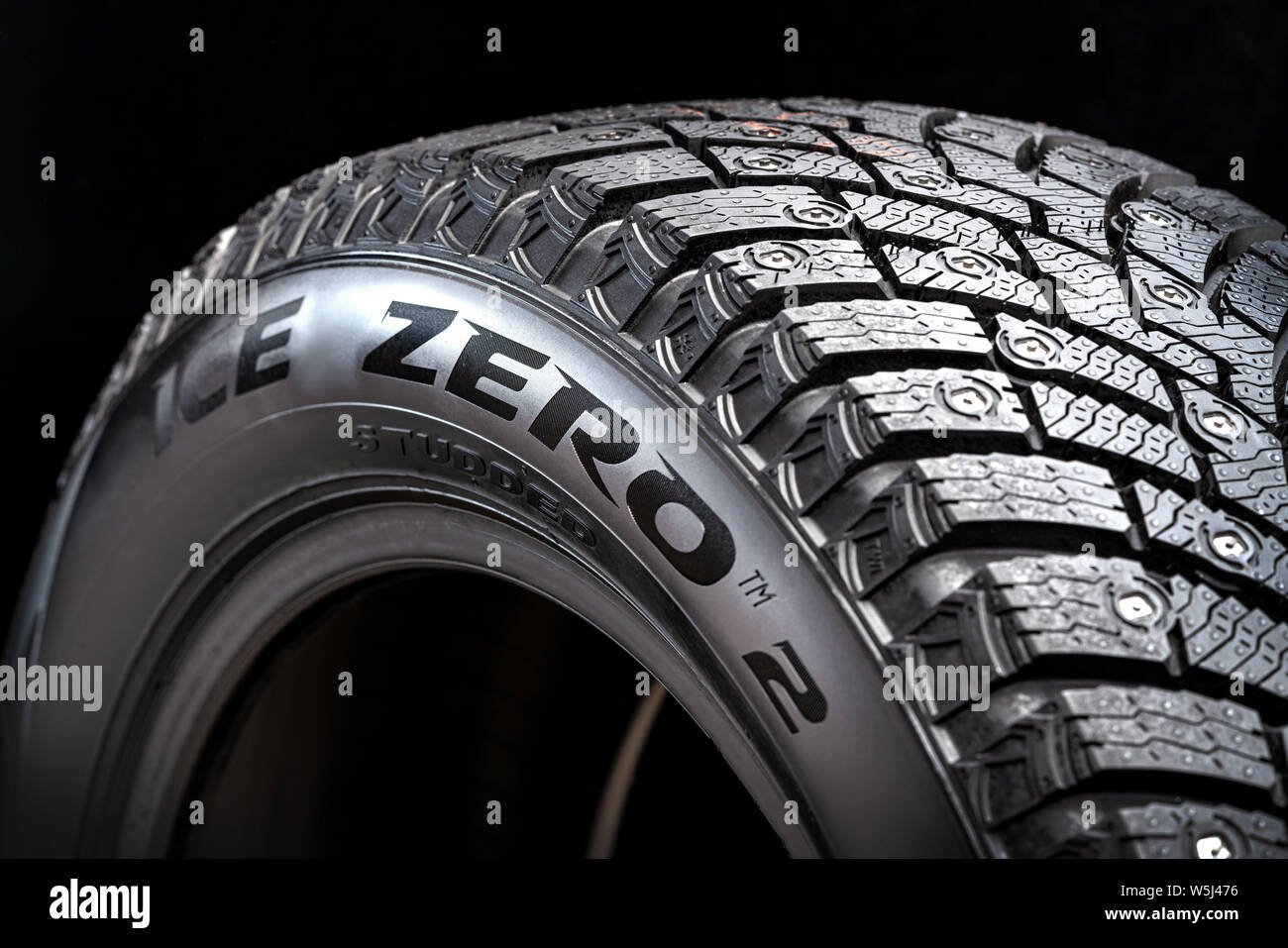 Krasnoyarsk, Russia, 28 july 2019: New winter studded tire Pirelli ice Zero  2, safety and premium quality. black background, close-up Stock Photo -  Alamy