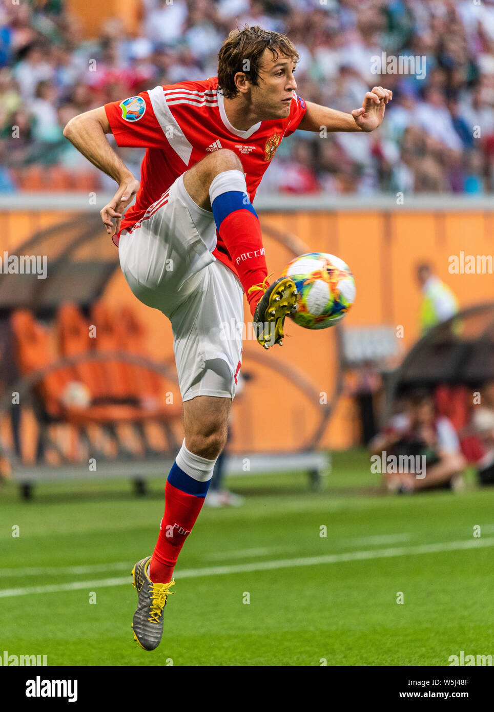 Saransk, Russia – June 8, 2019. Russia national team defender Mario Fernandes during UEFA Euro 2020 qualification match Russia vs San Marino (9-0) in Stock Photo