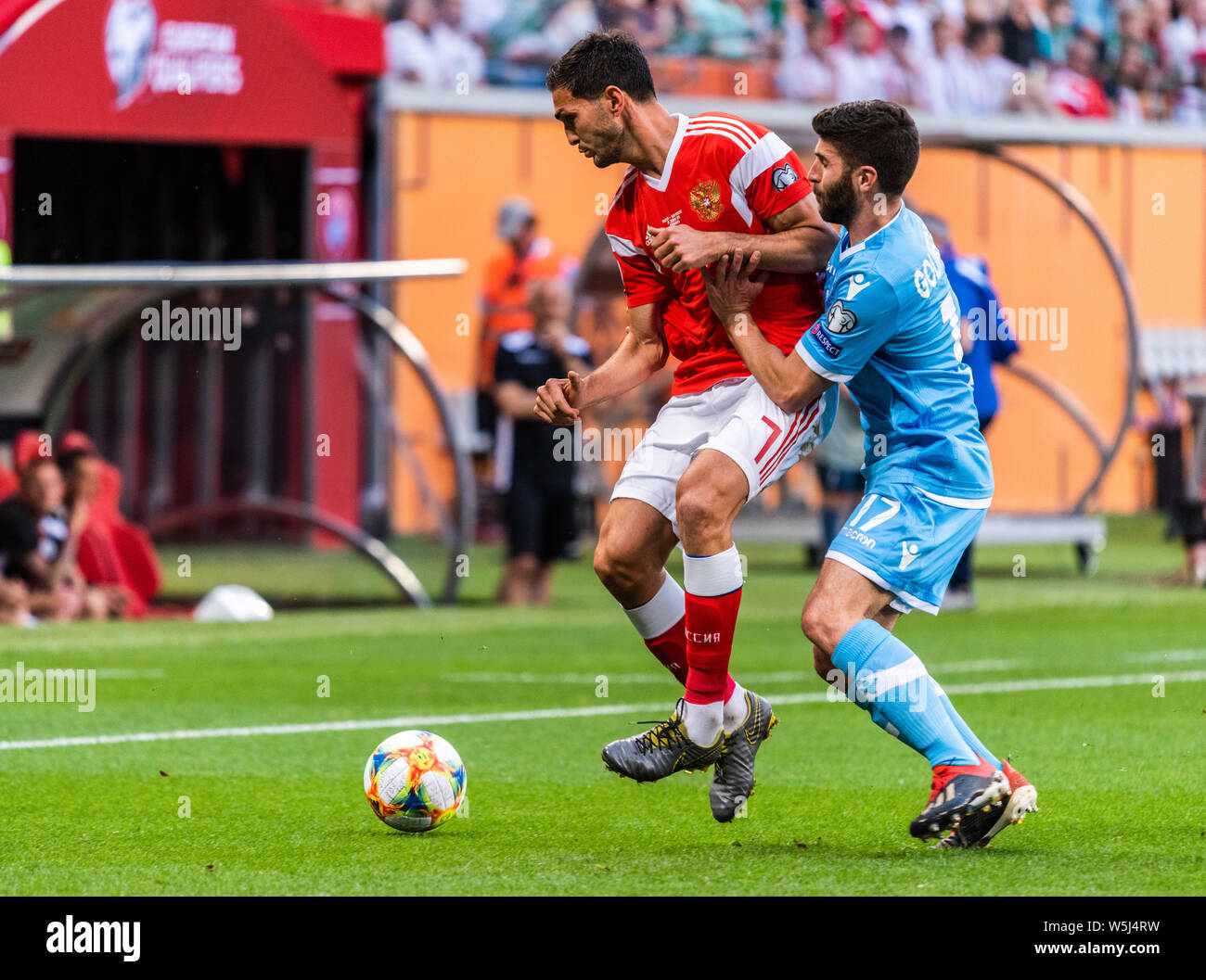 Saransk, Russia - June 8, 2019. Russia national team midfielder Magomed Ozdoyev against San Marino national team midfielder Alessandro Golinucci durin Stock Photo