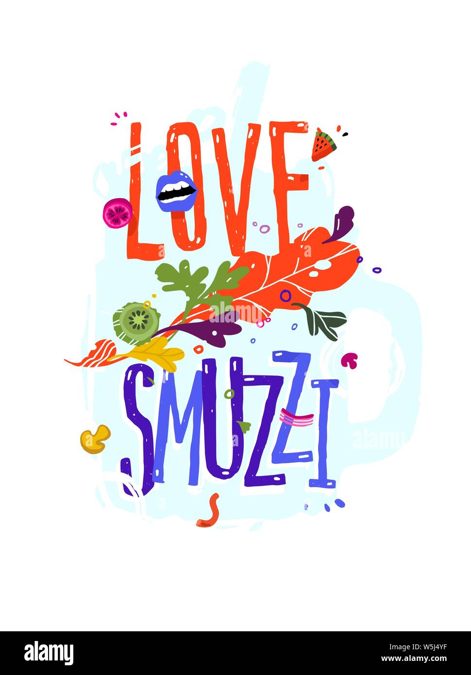 Illustration with love smoothie inscription. Vector. A mistake in the word is made intentionally. A play on words. Pattern from eco products. Image fo Stock Vector