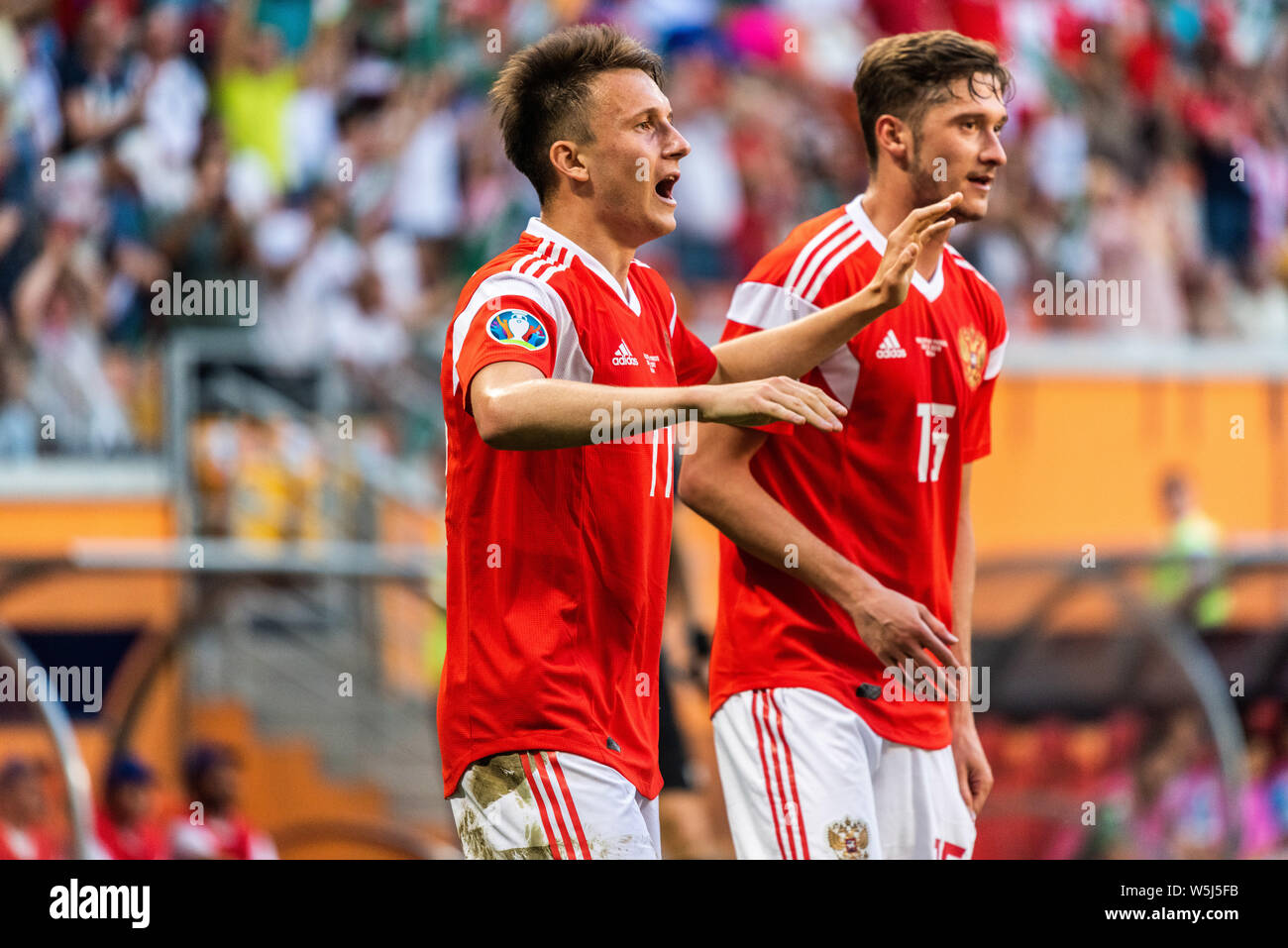 Saransk, Russia - June 8, 2019. Russia national football team players Aleksandr Golovin  and Anton Miranchuk celebrating a goal during UEFA Euro 2020 Stock Photo