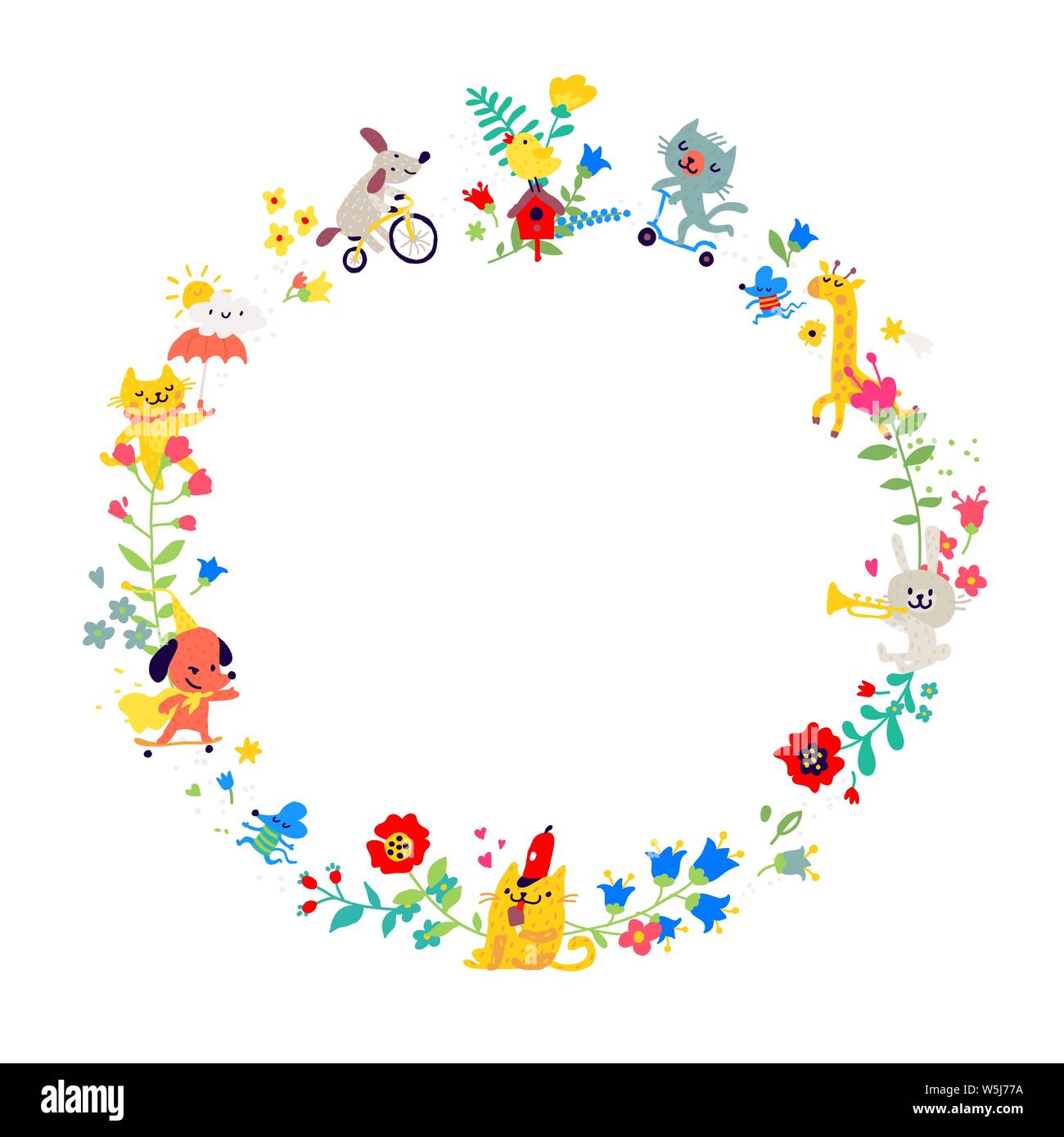 Illustrations in the form of a round wreath. Vector. Animals children play among flowers. Children's cartoon, doodle style. Kindergarten. Circulation Stock Vector Image & Art - Alamy Illustrations in the form of a round wreath. Vector. Animals children play among flowers. Children's cartoon, doodle style. Kindergarten. Circulation Stock Vector Image & Art - Alamy