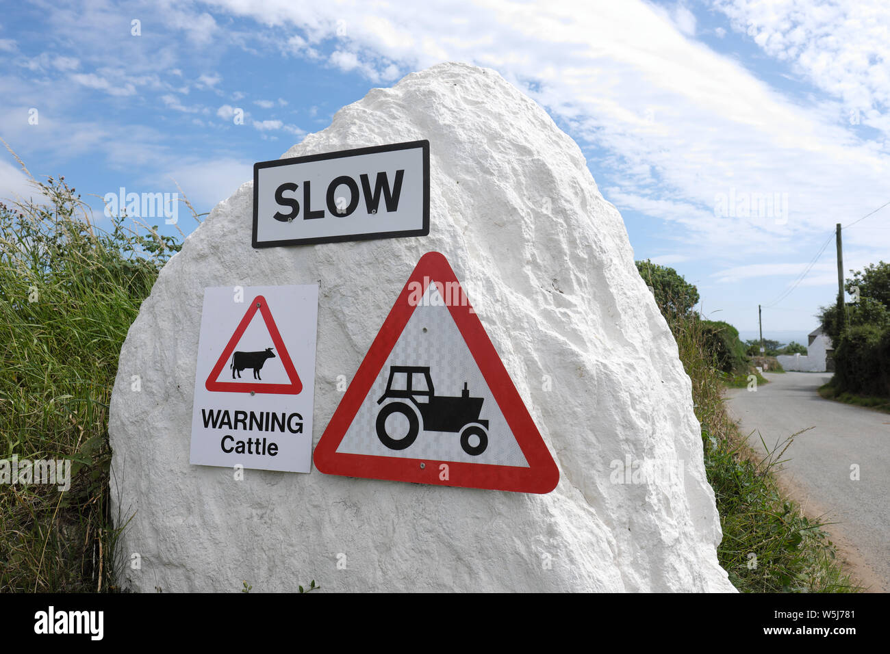 Entrance to farm in Pembrokeshire displaying warning signs for cattle, tractors and speed Stock Photo