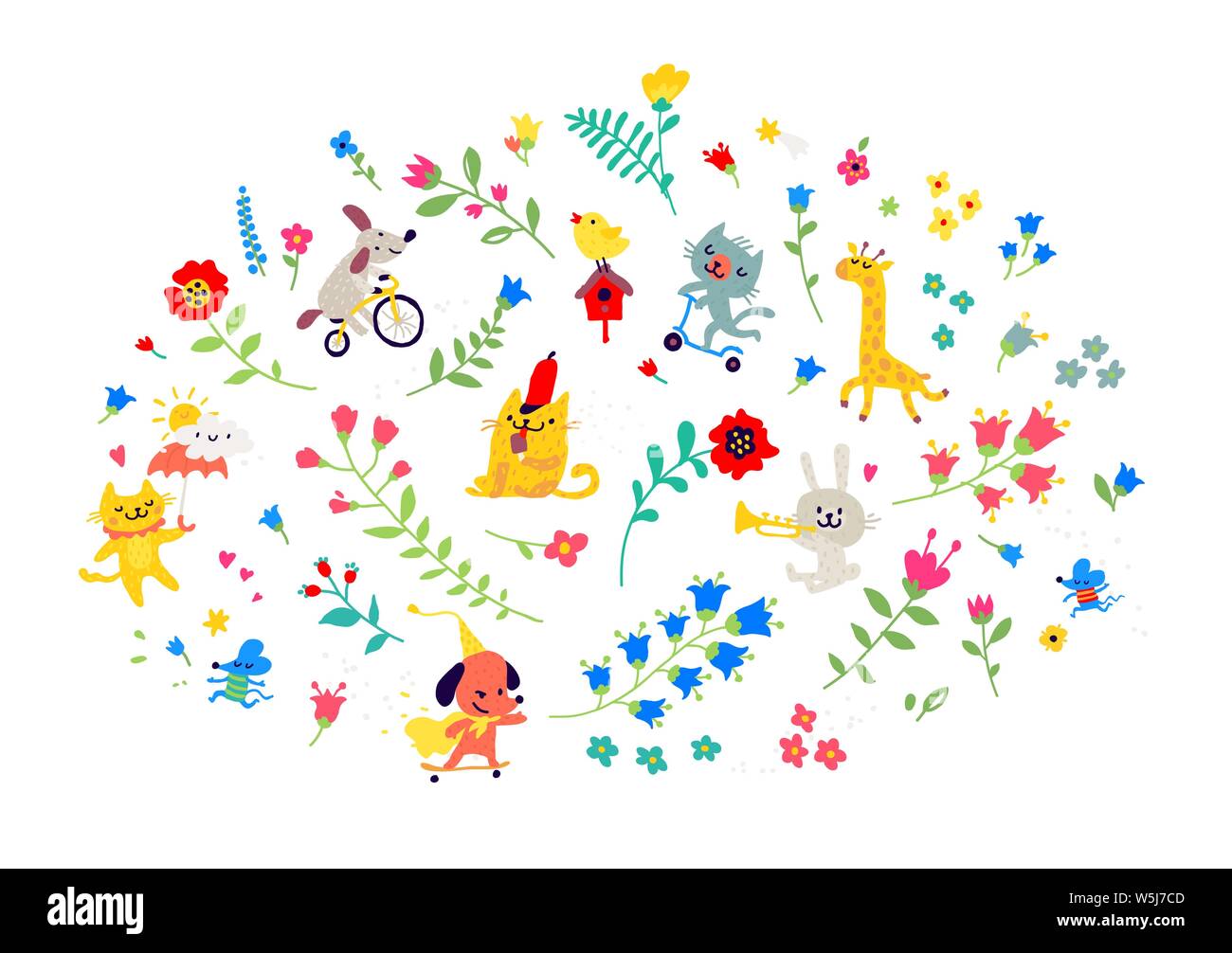 Illustration of a pattern of flowers and funny animals. Vector. Cartoon style. Floral elements for cards or greetings. Children's cosmetics, clothing, Stock Vector