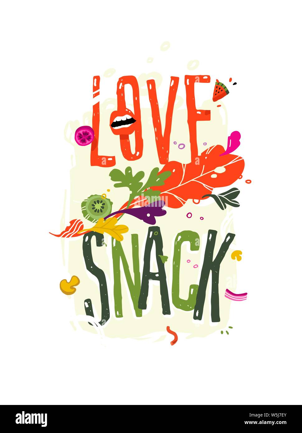 Illustration with the inscription love snack. Vector. Pattern of eco products. Image for a smoothie bar menu or a vegetarian cafe. Flat style, all ele Stock Vector