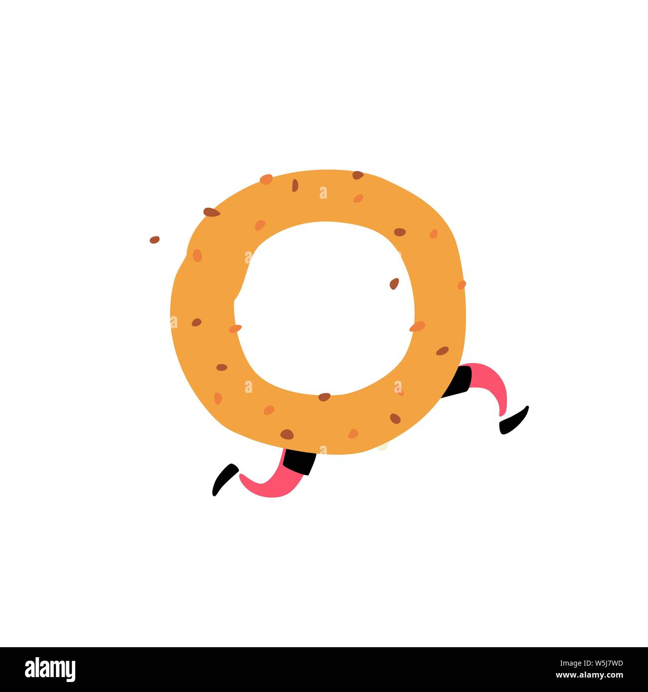 Illustration of a tasty bagel. Vector. Character with legs. Icon for site on white background. Sign, logo for the store. Delivery of fresh bakery and Stock Vector