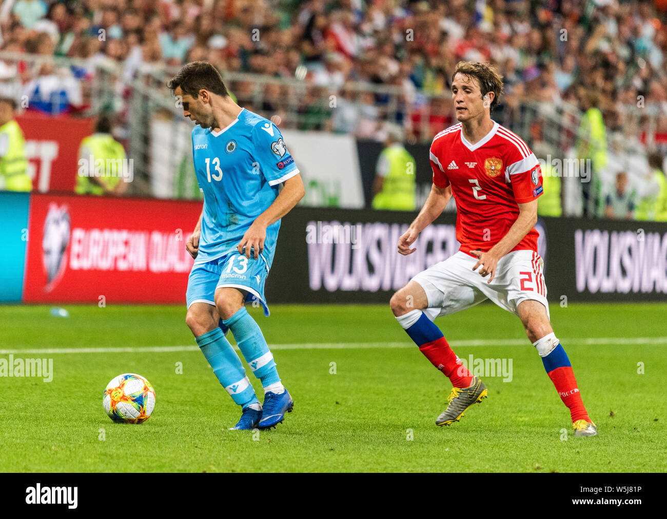 Saransk, Russia - June 8, 2019. Russia national team defender Mario Fernandes against San Marino national team defender Andrea Grandoni during UEFA Eu Stock Photo