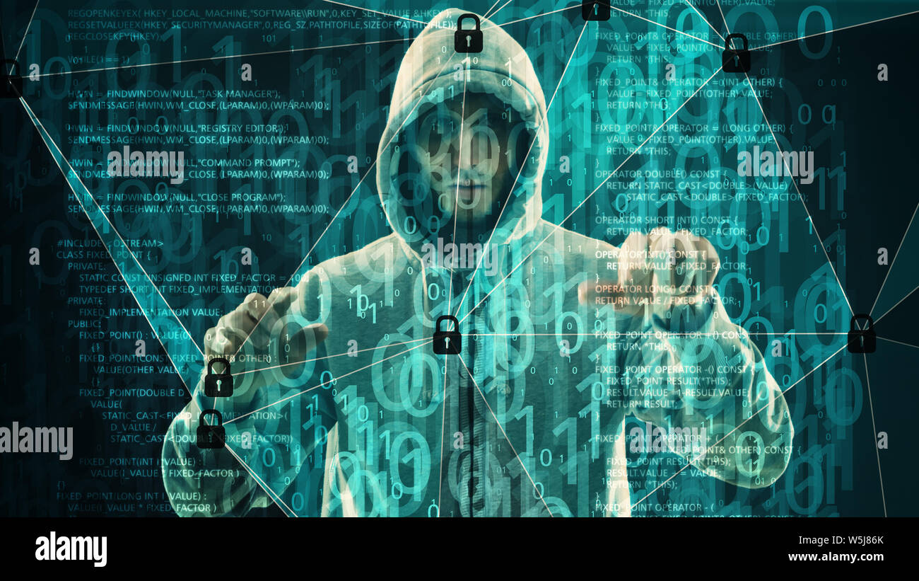 Abstract security signal processing, binary computer code and hacker Stock Photo