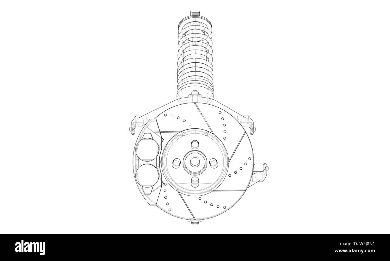 Car suspension with shock absorber. Vector rendering of 3d. Wireframe style. The layers of