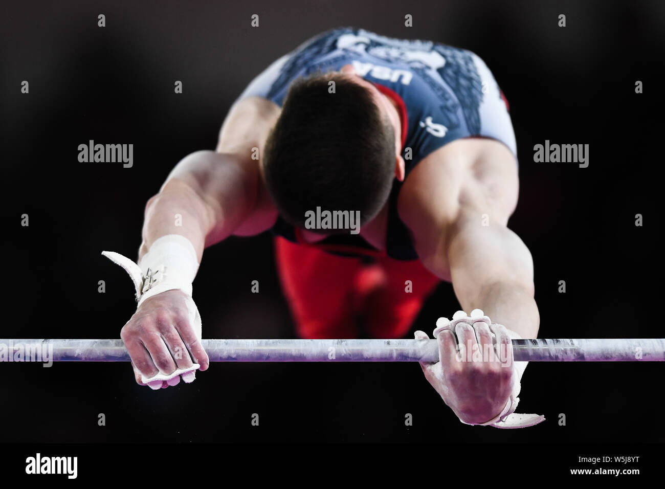 July 28, 2019, Lima, Peru: BRODY MALONE from the US competes on the high bar during the team finals competition held in the Polideportivo Villa El Salvador in Lima, Peru. Credit: Amy Sanderson/ZUMA Wire/Alamy Live News Stock Photo