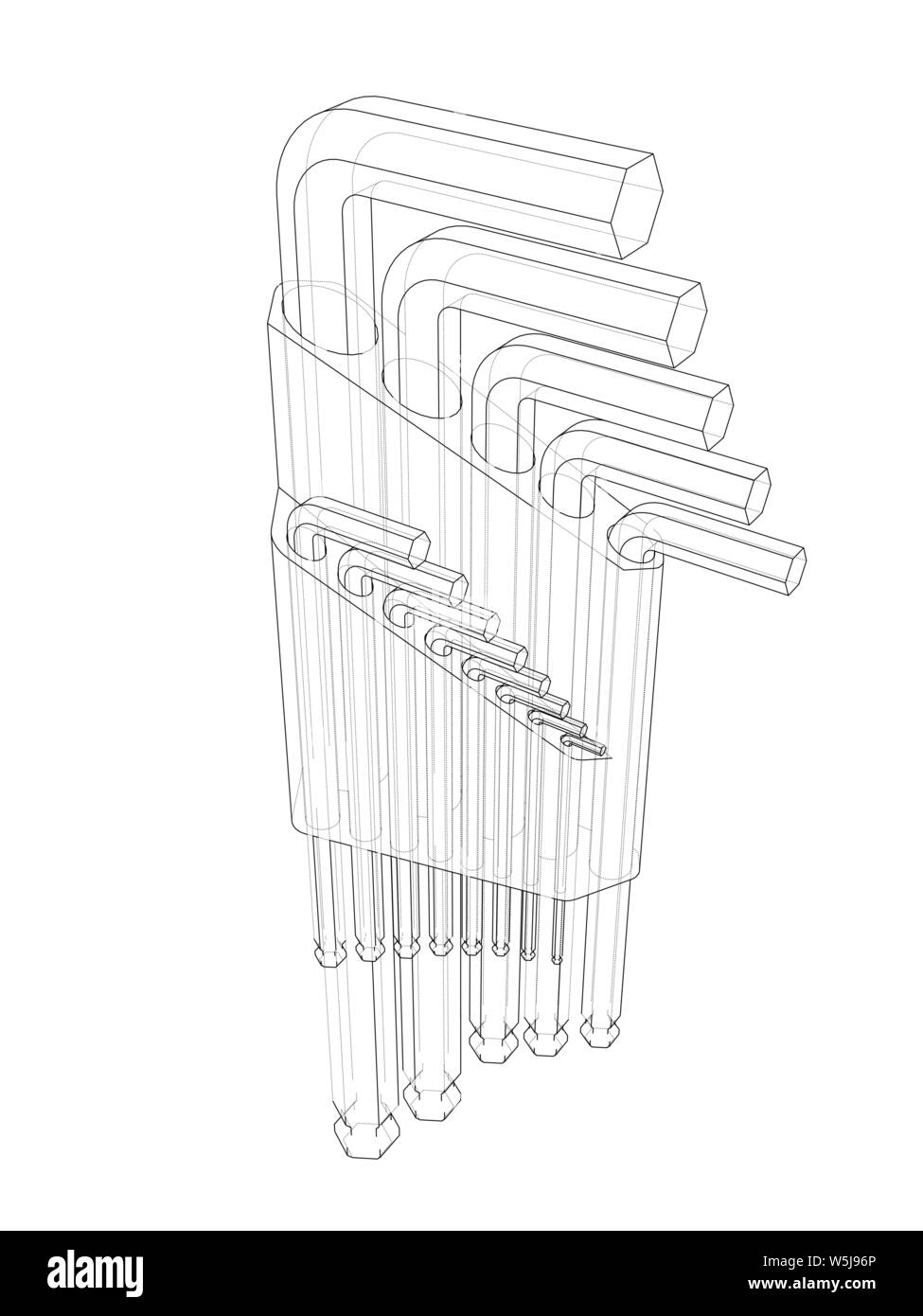 Set of hexagon tools. Vector rendering of 3d. Wire-frame style. The layers of visible and invisible lines are separated Stock Vector