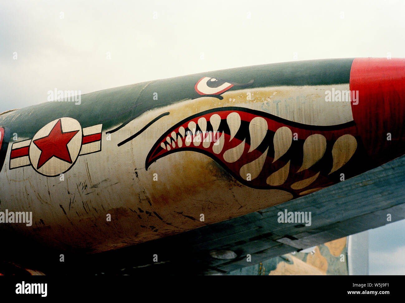 Sharks mouth American WW2-era bomber missile. Weapon Weapons Weaponry Military Bomb Humor Humour Humorous Stock Photo