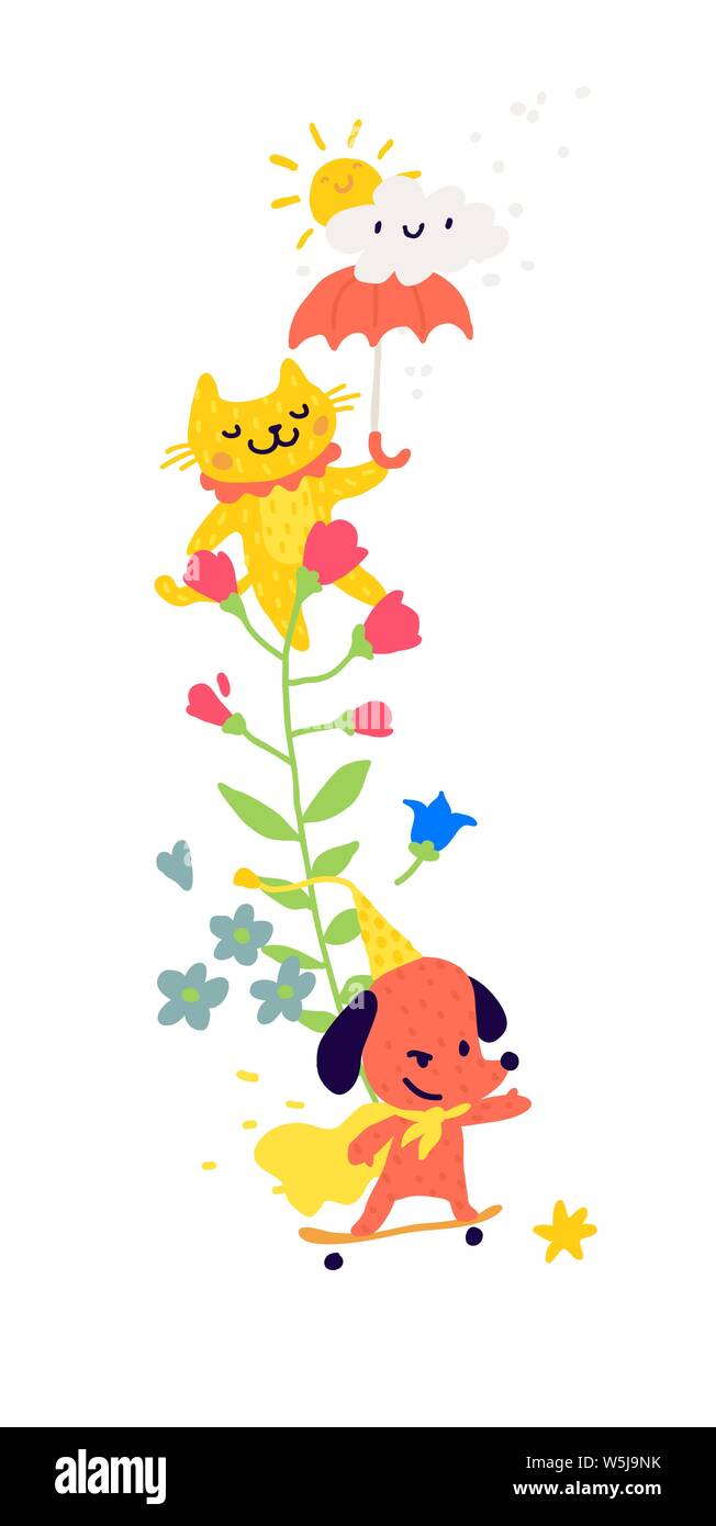 Illustration of a cat with an umbrella and dogs on a skateboard. Vector. Animals among the flowers. Children's cartoon, doodle style. Illustration for Stock Vector