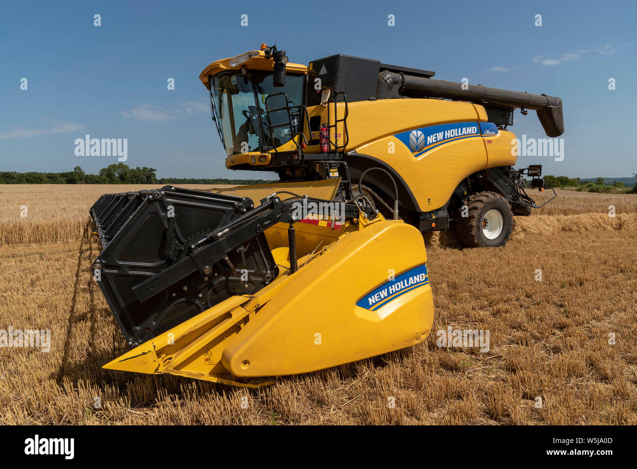 Cheltenham, Gloucestershire, England, UK, July 2019.  Combine harvester harvesting winter barley which after drying will go to brew beer. Stock Photo