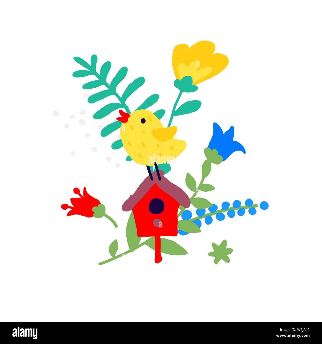 Illustration of a bird on a birdhouse among the lights. Vector. Ikebana bouquet. Children's cartoon, doodle style. Illustration for kindergarten or cl Stock Vector