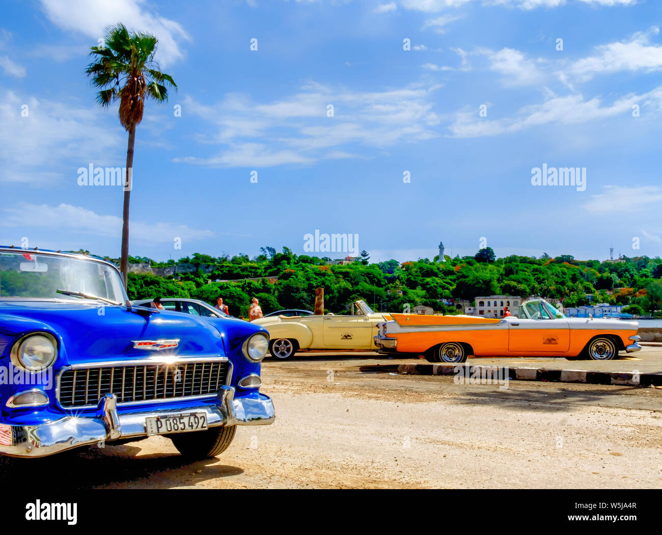 Havana, Cuba, July 2019, classic colourful 1950's American cars for rental parked in the old part of the capital Stock Photo