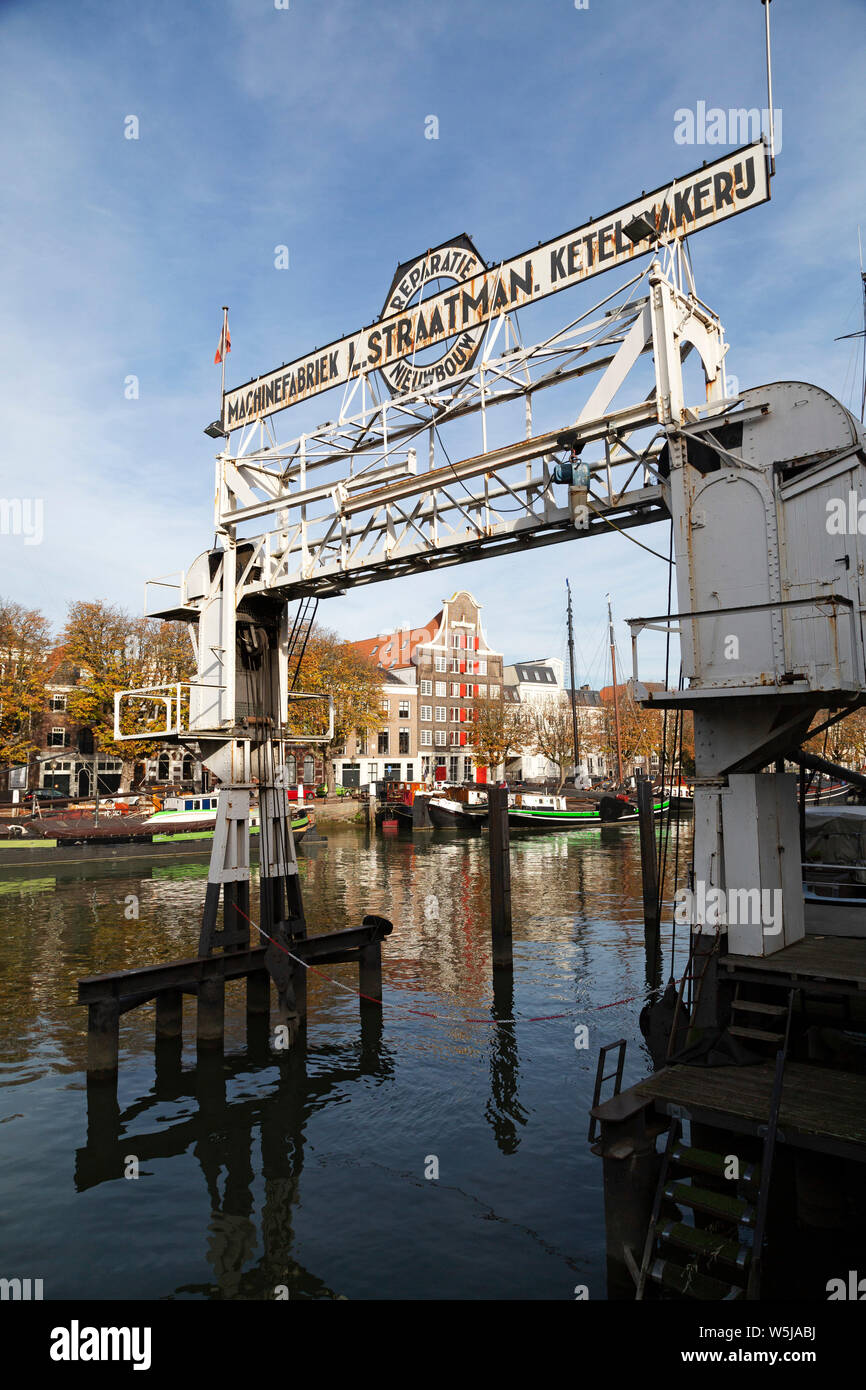 Historic ship lift and sign for the Straatman boiler makers in Dordrecht, the Netherlands. Stock Photo