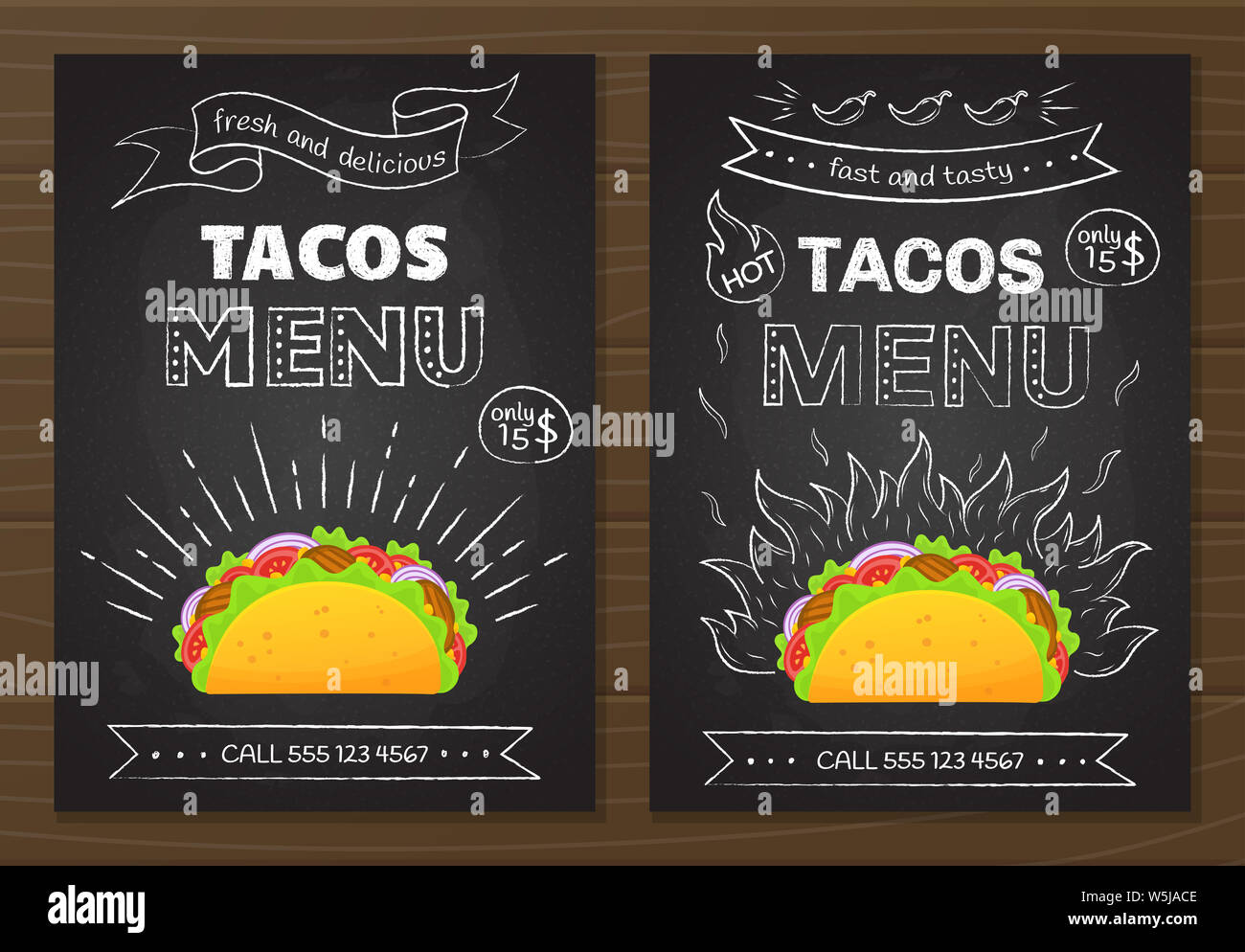 Mexican cuisine fastfood tacos menu. Colorful beef taco graphic with
