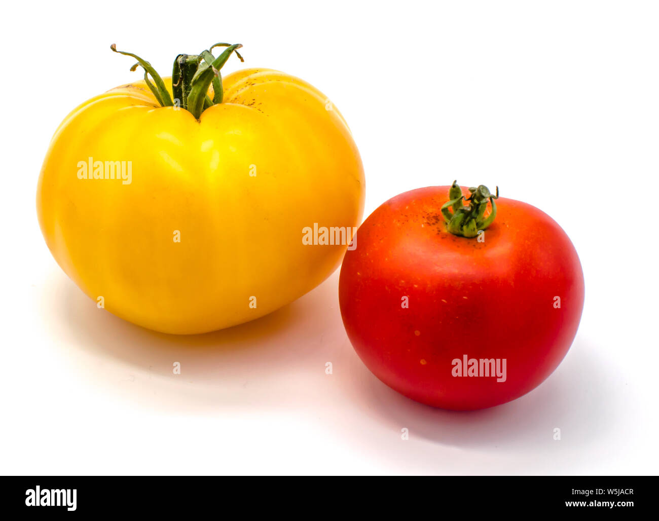 yellow and red tomatoes on a white background isolated Stock Photo - Alamy
