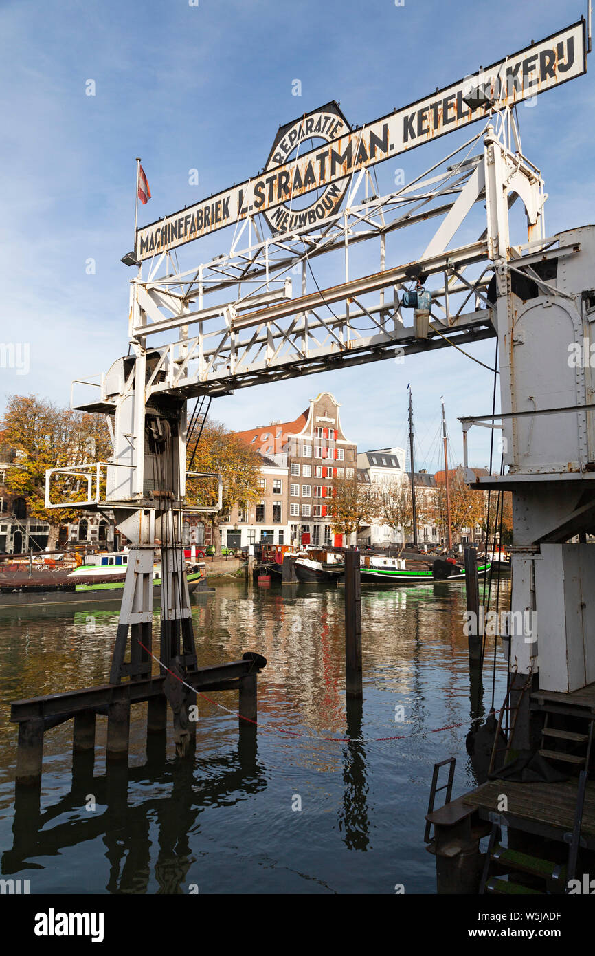 Historic ship lift and sign for the Straatman boiler makers in Dordrecht, the Netherlands. Stock Photo