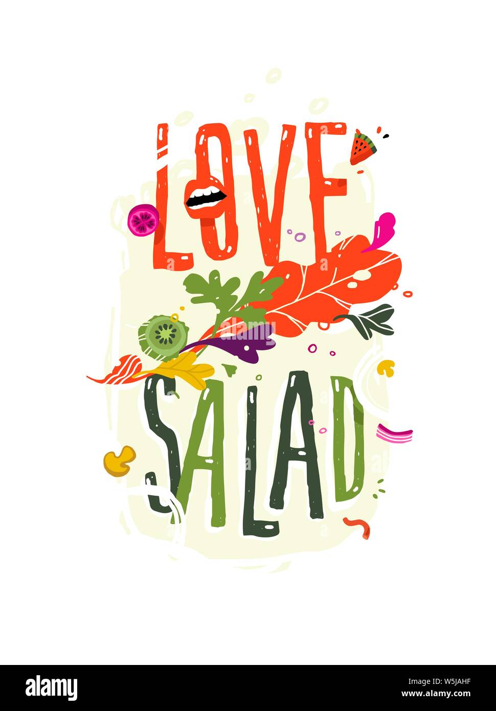 Illustration with the inscription love salad. Vector. Pattern from eco products. Image for a smoothie bar menu or a vegetarian cafe. Flat style, all e Stock Vector