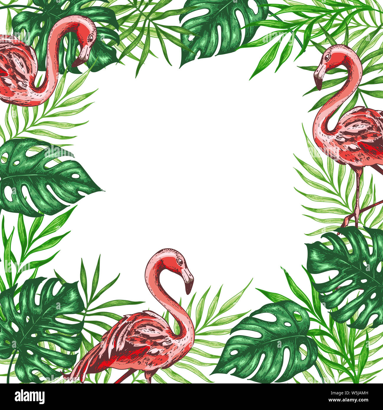 Tropical floral background with pink flamingo and green palm leaves ...