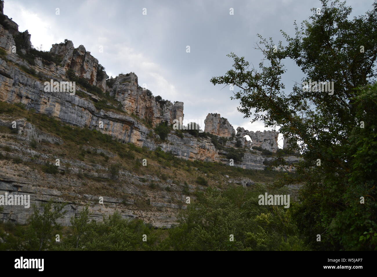 Set of Natural Calcareous Structures that are part of a karst complex of the Ebro River Canyon passing through Orbaneja del Castillo. August 28, 2013. Stock Photo