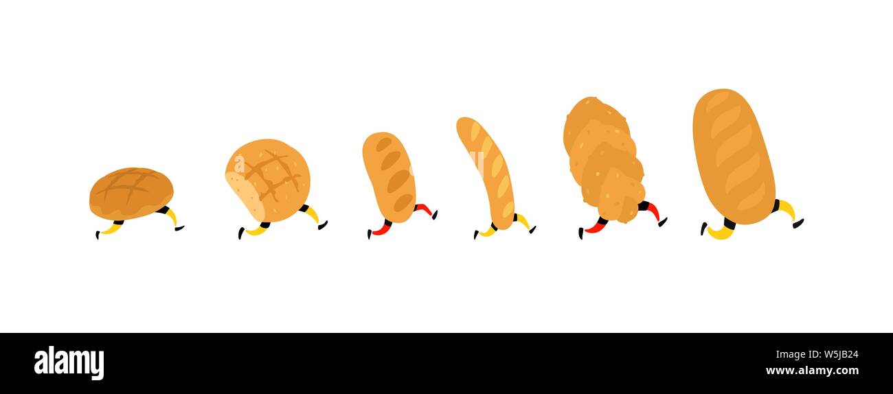 Illustration of running bread. Vector. Rolls, loaf and baguette. Icons for the site on a white background. Signs, logo for the store. Delivery of fres Stock Vector