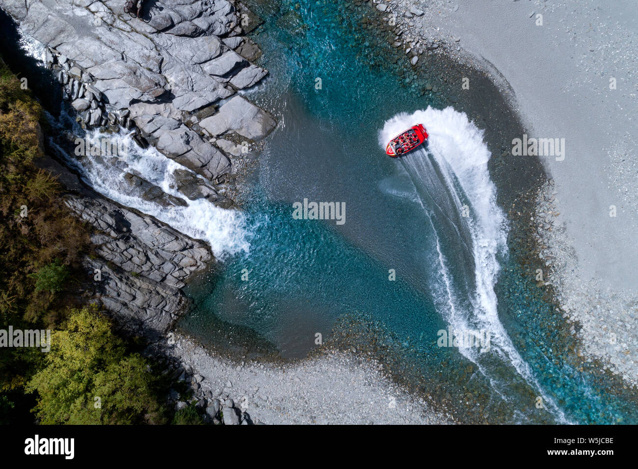 Shotover Jet aerial on the Shotover River, Queenstown, New Zealand Stock Photo