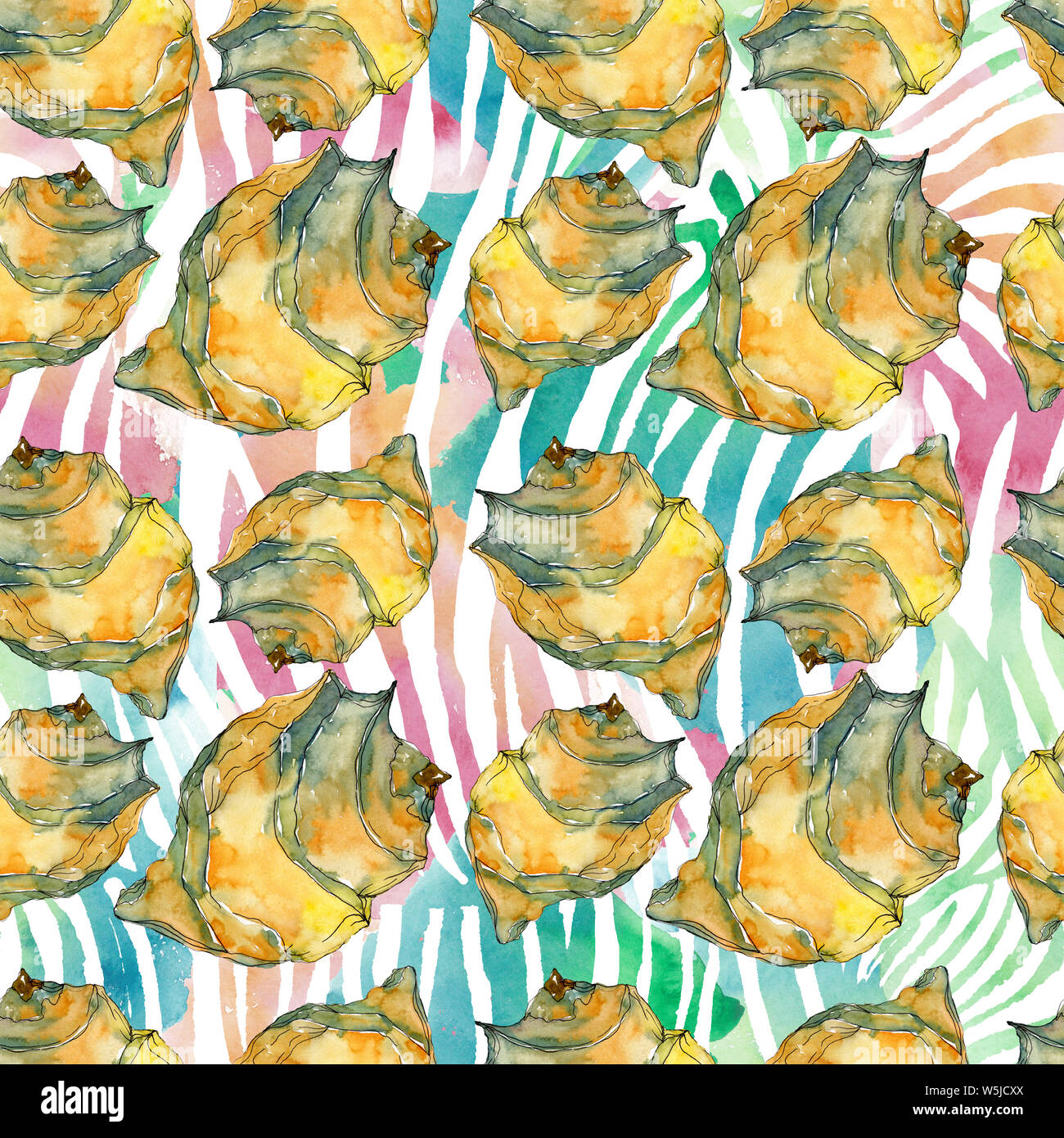 Summer beach seashell tropical elements. Watercolor illustration set ...