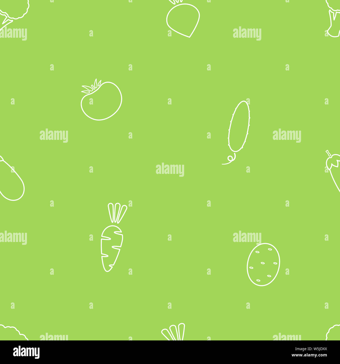 Line vegetable seamless background flat illustration. Fresh food background in white and green color with season vegetable silhouette seamless element for wrapping paper or restaurant wallpaper Stock Photo