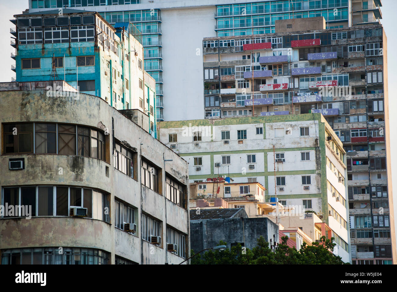 Cluster of buildings in Havana, Cuba including the back of the famous Habana Libre Hotel in the Vedado section of  the city Stock Photo