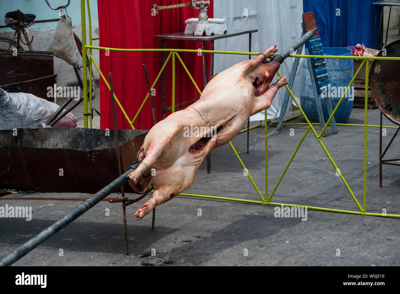 Raw pig ready to roast at a street fair in Las Tunas, Cuba Stock Photo