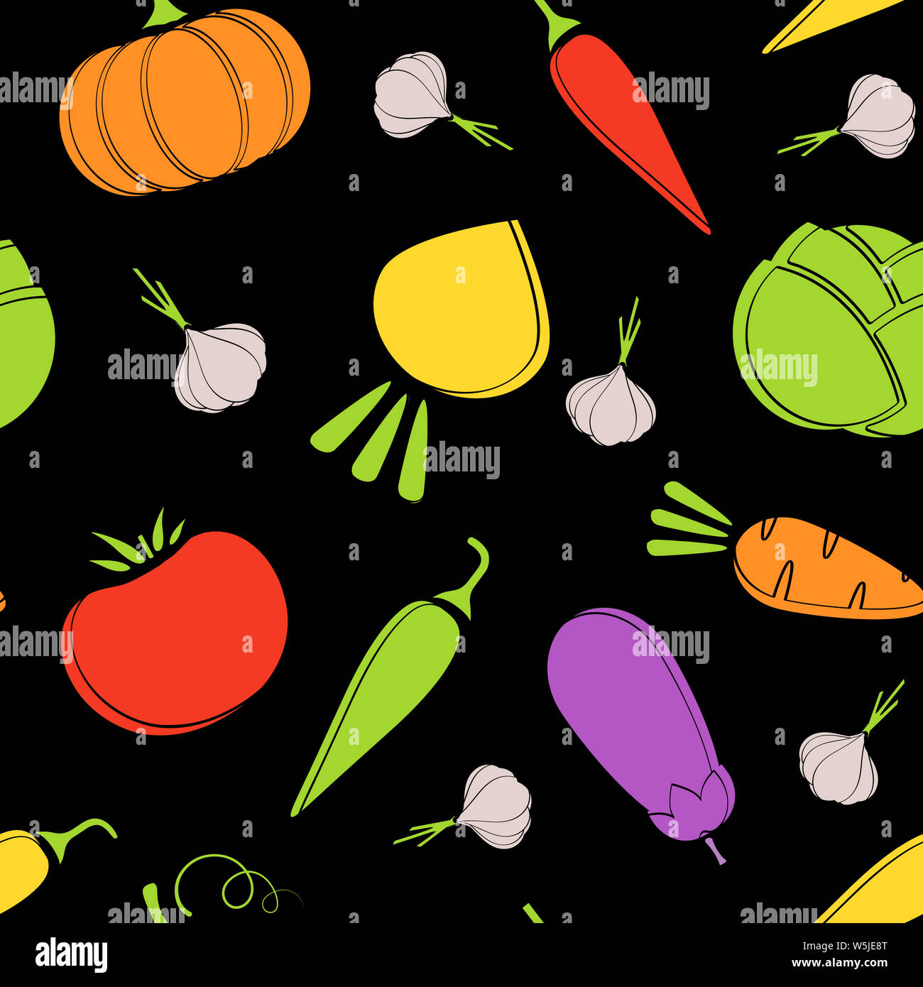 Outline seamless vegetable pattern flat illustration. Modern black pattern design with autumn vegetable seamless texture in natural colors for healthy diet decor or vintage wallpaper Stock Photo