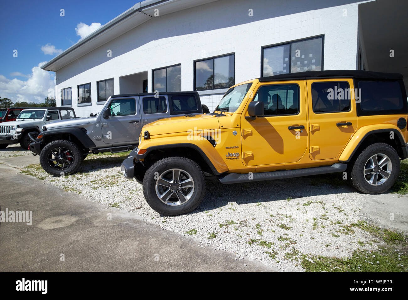 new jeep wrangler suvs for sale vehicles on a car sales lot in florida usa united states of america Stock Photo