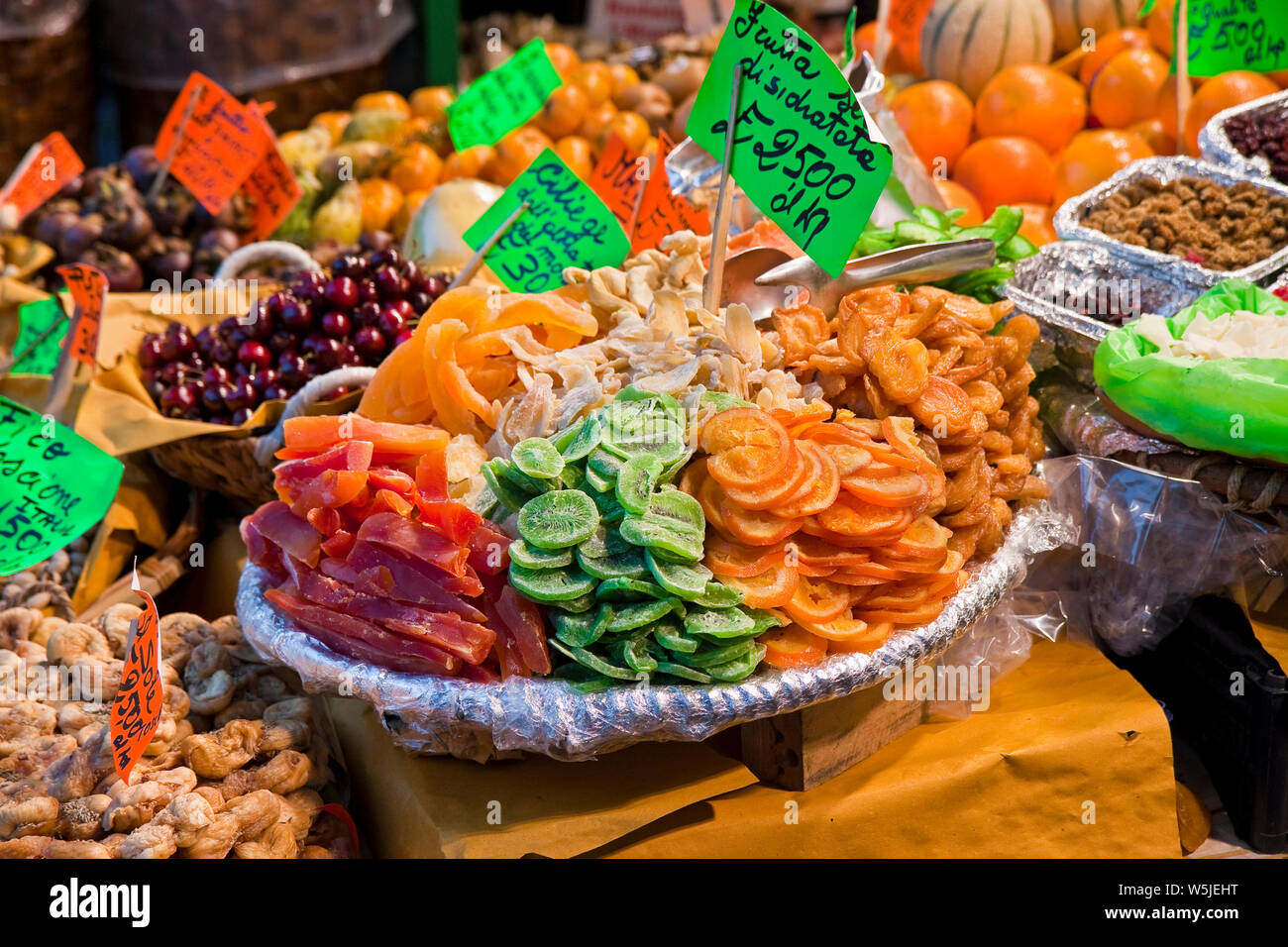 Colorful dried fruits and vegetables from organic agriculture exhibited