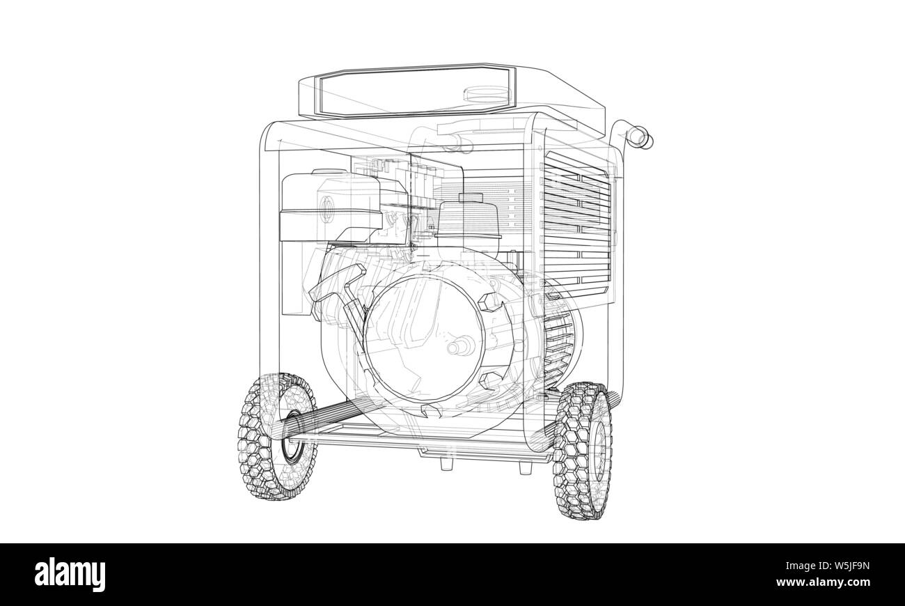 Outline portable gasoline generator vector. Wire-frame style. The layers of visible and invisible lines. 3D illustration Stock Vector