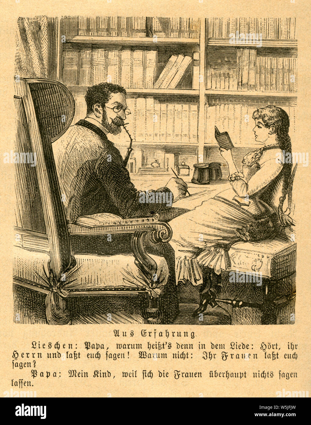 Europa, Deutschland, Humor, Vater und Tochter in einer Bibliothek , Szene mit dem Titel ' Erfahrung ' , Motiv aus : ' Illustrirtes Unterhaltungs Blatt ' , Beilage zum Bersenbrücker Kreisblatt , Seite 368, Rubrik ' Humoristisches ' , No. 46 , 1891 . / Europe, Germany, humour, father and daughter in the library, scene with the title : '  Experience ' , image from the newspaper : ' Illustrirtes Unterhaltungs Blatt ' , supplement of the Bersenbrücker Kreisblatt, page 368, column ' humour ' , No. 46, 1891 . Stock Photo