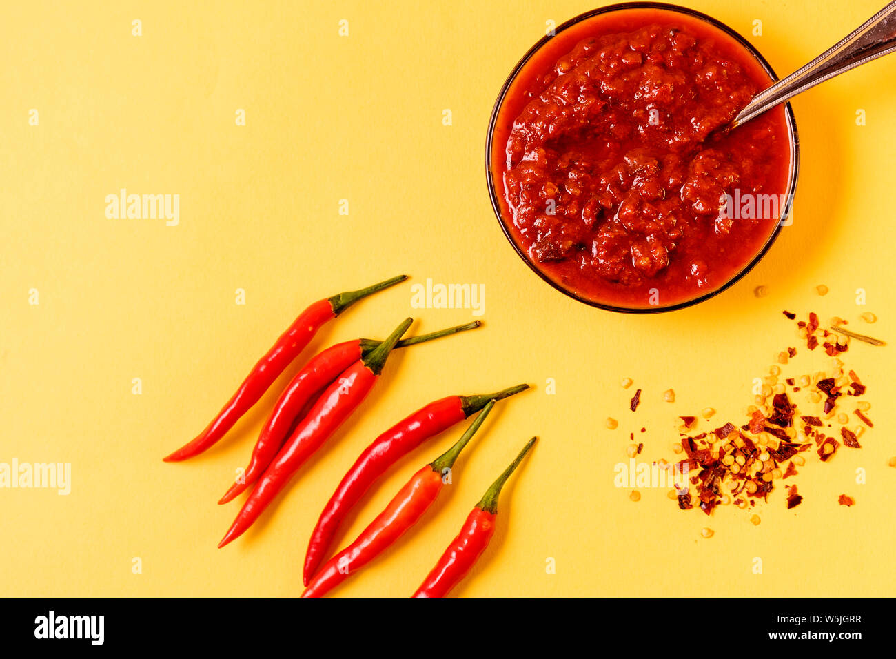 Hot chilli pepper sauce paste harissa, traditional Tunisia, Moroccan