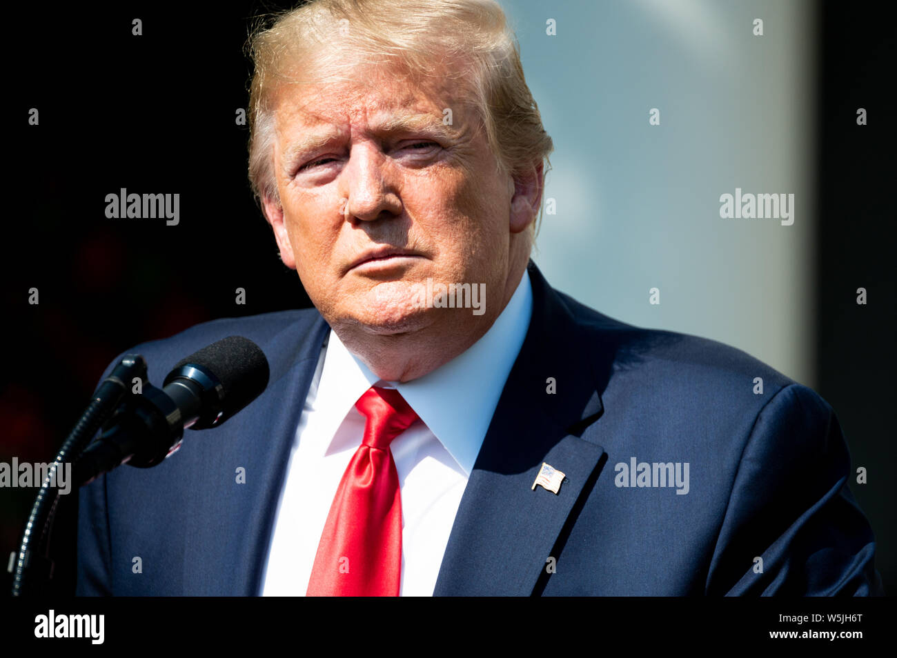 President Donald Trump speaks during the bill signing of  H.R.1327 - Never Forget the Heroes: James Zadroga, Ray Pfeifer, and Luis Alvarez Permanent Authorization of the September 11th Victim Compensation Fund Act at the Rose Garden, White House in Washington, DC. Stock Photo