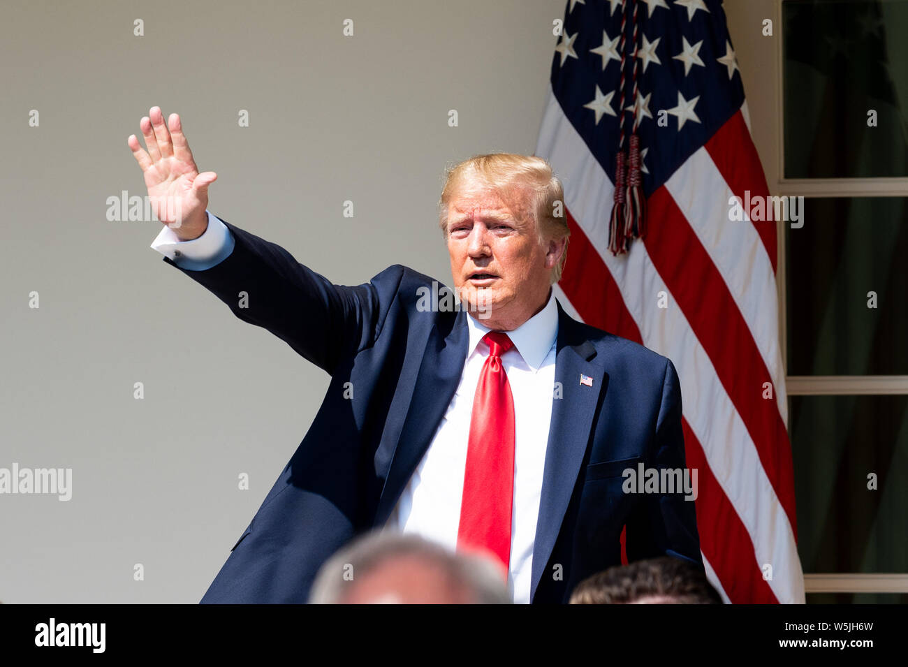 President Donald Trump waves during the bill signing of  H.R.1327 - Never Forget the Heroes: James Zadroga, Ray Pfeifer, and Luis Alvarez Permanent Authorization of the September 11th Victim Compensation Fund Act at the Rose Garden, White House in Washington, DC. Stock Photo