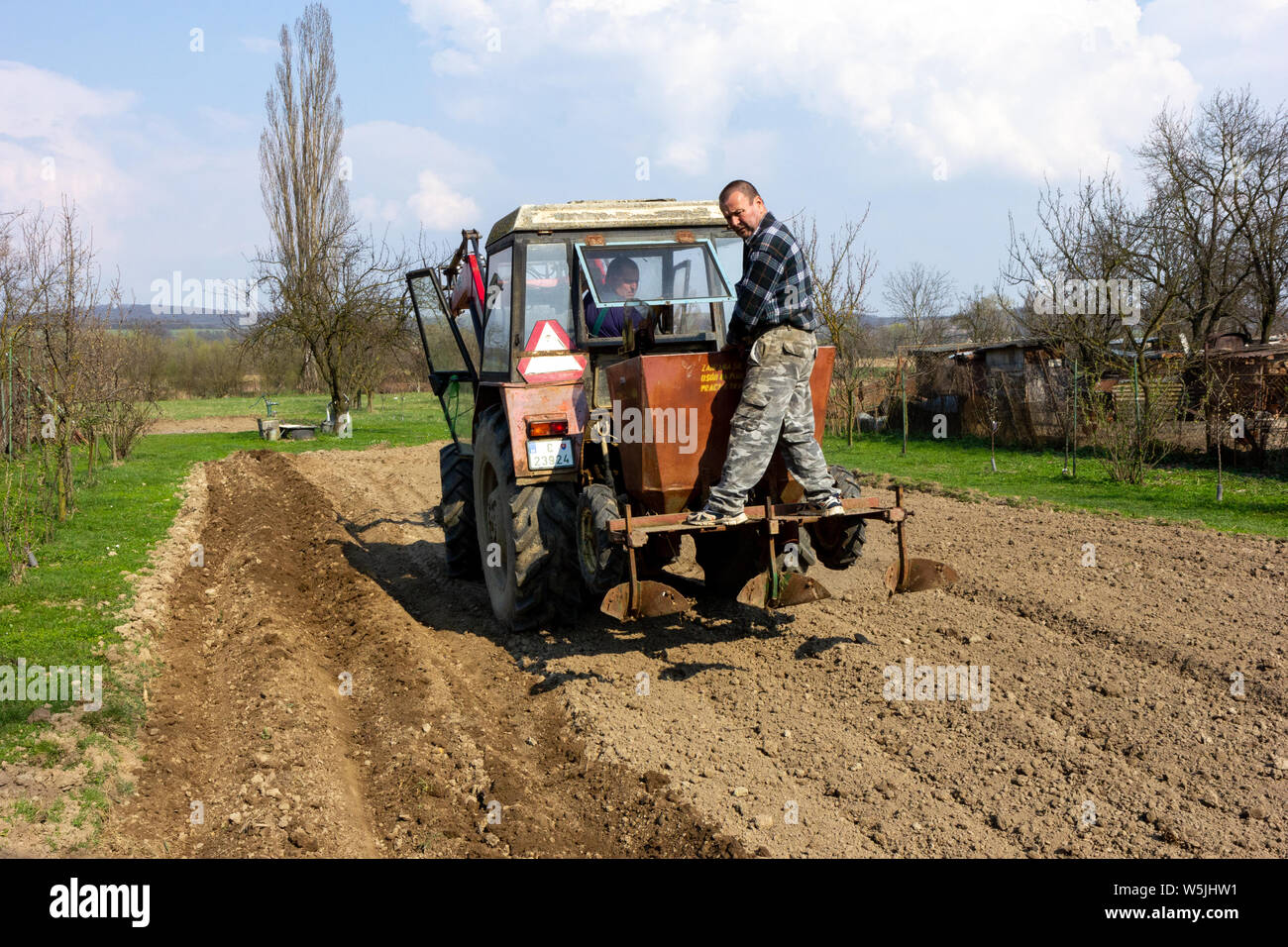 Two men sowing young potatoes with the help of a tractor in rural Slovakia. Stock Photo