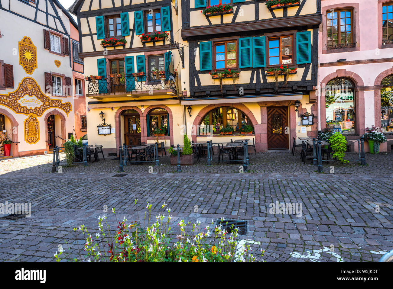 colorful half-timbered houses in Kaysersberg, Alsace Wine Route, France, picturesque old town and touristy destination Stock Photo