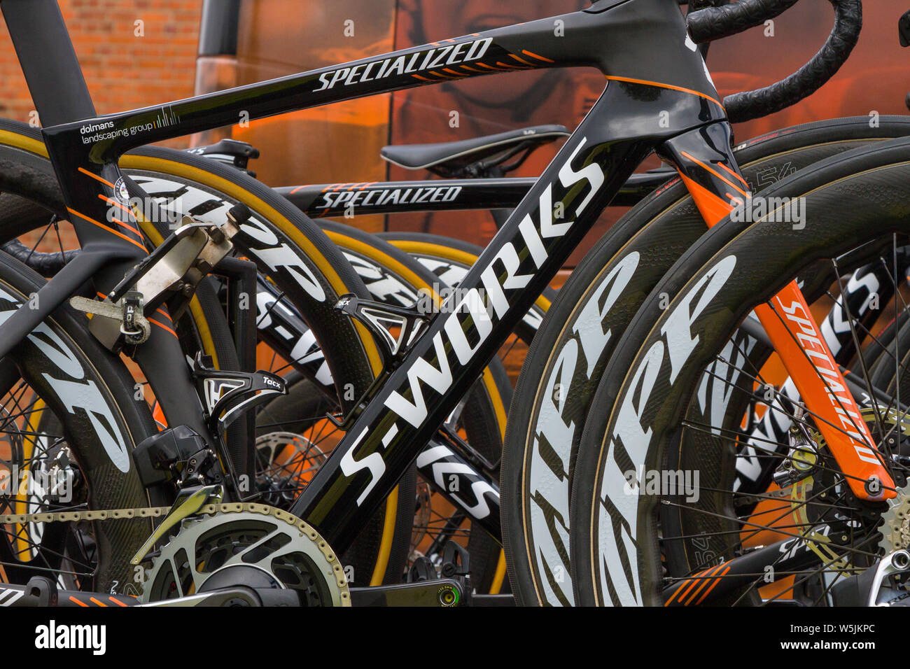 Specialized S-Works road bikes at the OVO Energy Women's Tour Stock Photo