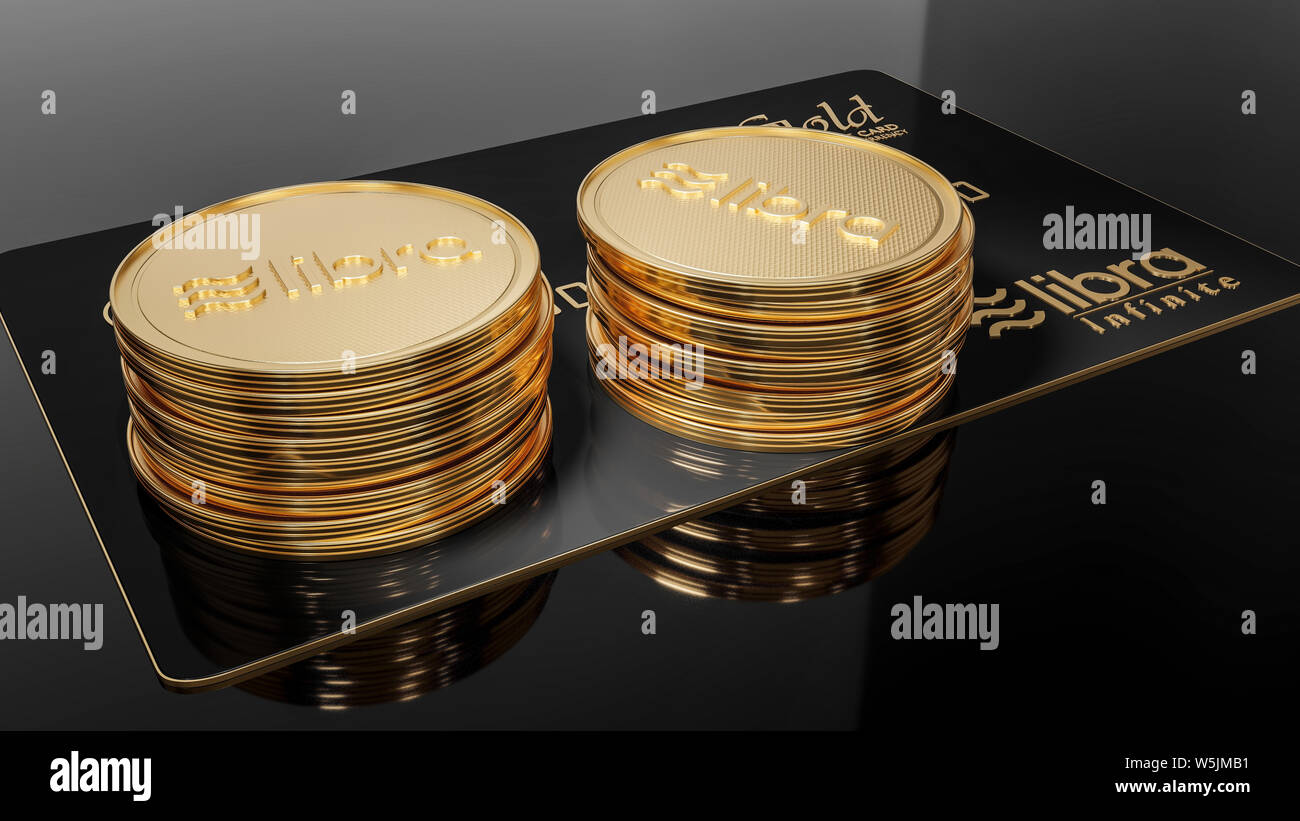 View of Libra black credit card GOLD and golden Libra coins placed on a white background. Project Libra conceptual design. 3D rendering. Stock Photo