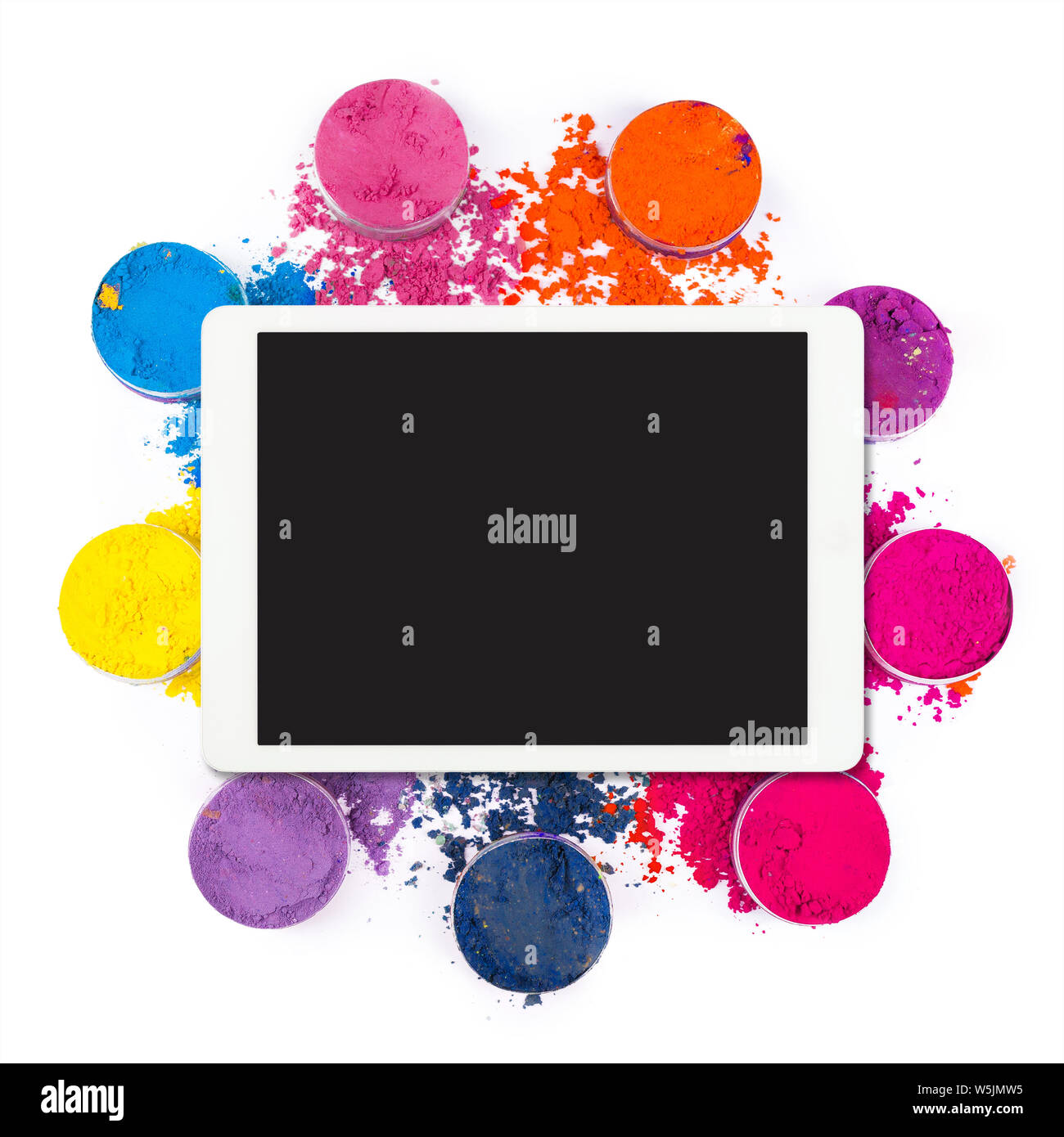 Flat lay of white touchpad with blank touchscreen with colorful powder isolated on white