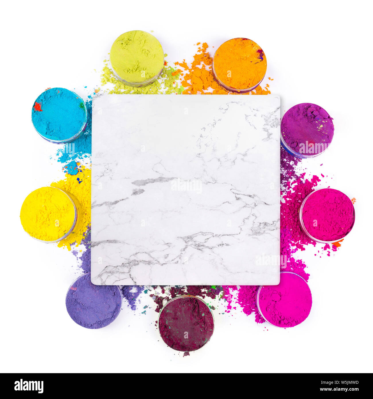 Blank white marble signboard with colorful powder isolated on white background Stock Photo